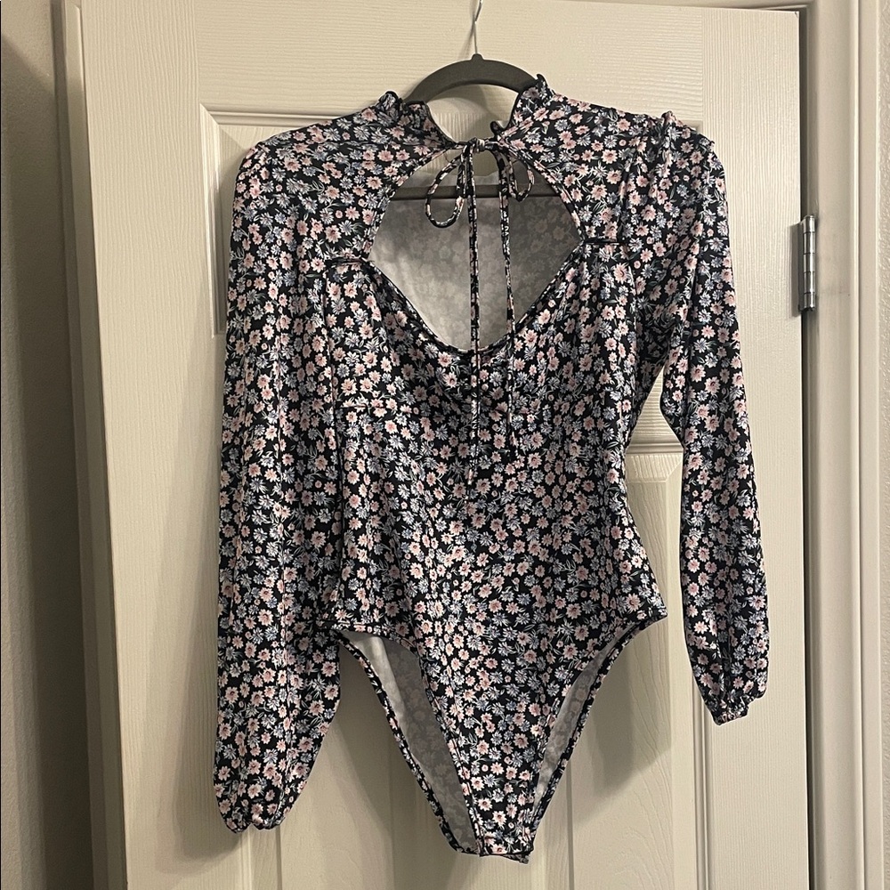 Floral Long Sleeve Bodysuit - Never Worn Black and Pink
